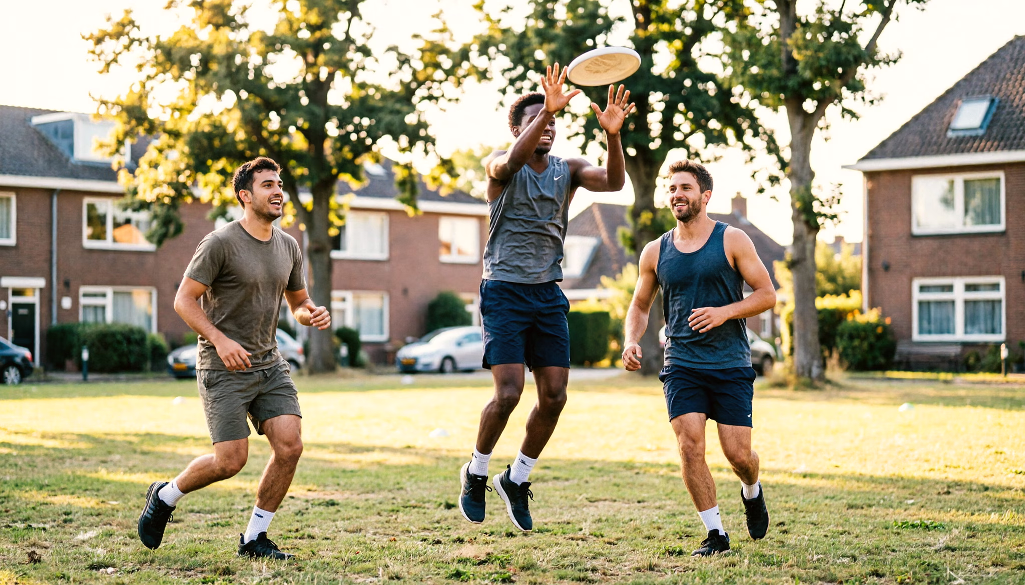 Drie vrienden eind twintig met diverse achtergronden spelen een levendig potje ultimate frisbee op een Nederlands grasveld, een springt om de schijf te vangen, warm avondlicht achter hen
