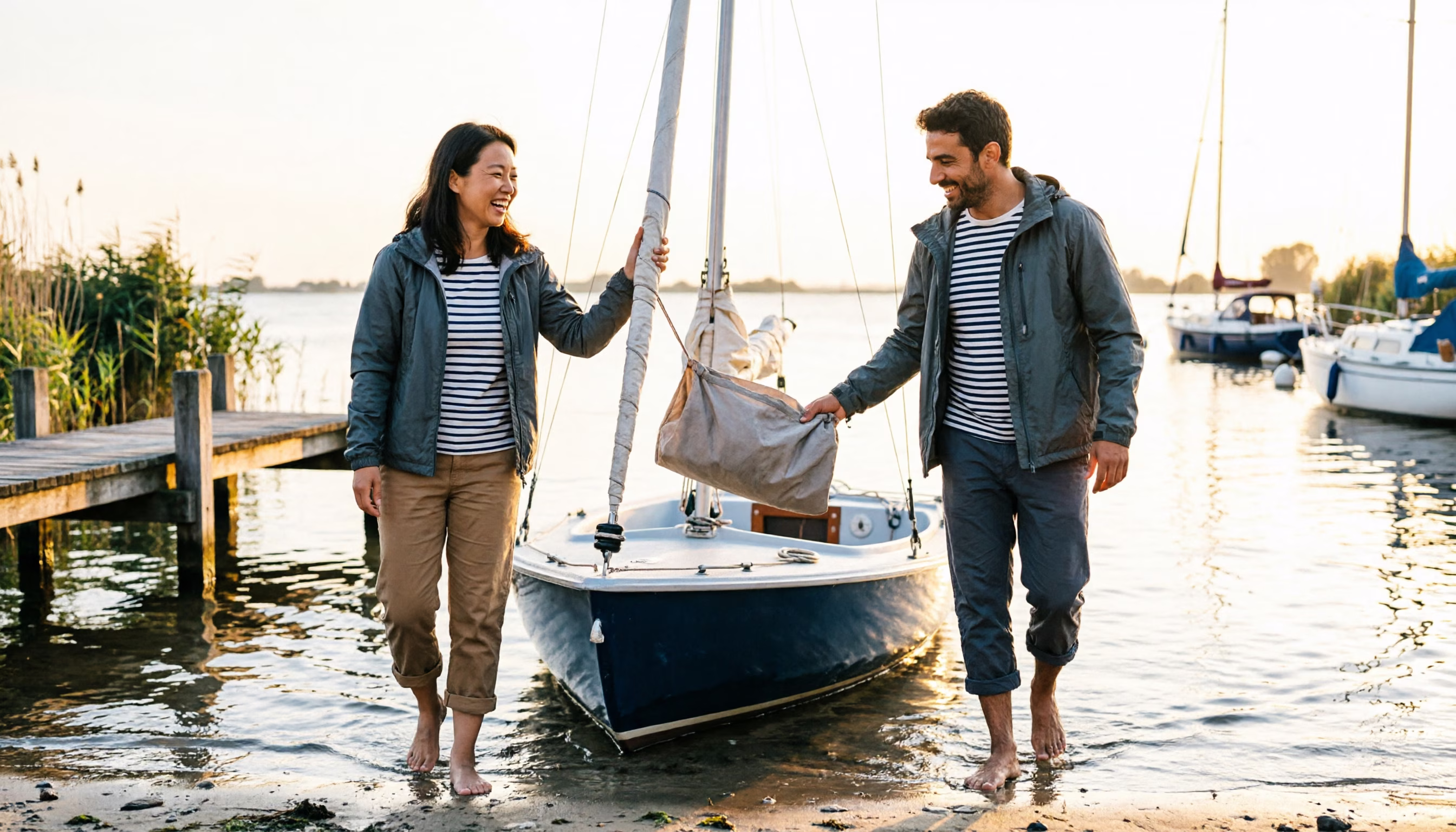 A couple in their late thirties launch a small sailing dinghy from a Dutch lakeside jetty
